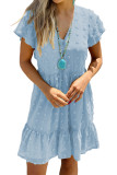 Sky Blue Polka Dot V Neck Ruffled Short Sleeves Mini Dress