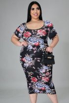 Black Plus Size Floral Short Sleeve Slim Fit Midi Dress