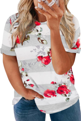 White Plus Size Striped Floral Short Sleeve Top