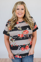Gray Plus Size Striped Floral Short Sleeve Top