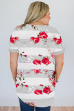 White Plus Size Striped Floral Short Sleeve Top