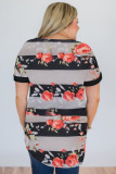 Gray Plus Size Striped Floral Short Sleeve Top