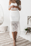 Lace Hollow-out Tube Crop Top High Low Hem Skirt  2 Piece Set Unishe Wholesale