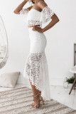 Lace Hollow-out Tube Crop Top High Low Hem Skirt  2 Piece Set Unishe Wholesale