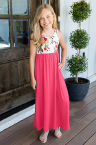 Rose Crewneck Sleeveless Floral Patchwork Kids Maxi Dress