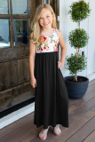 Black Crewneck Sleeveless Floral Patchwork Kids Maxi Dress