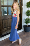 Blue Crewneck Sleeveless Floral Patchwork Kids Maxi Dress