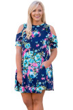 Blue Floral Plus Size Cold Shoulder Ruffle Pocket Mini Dress