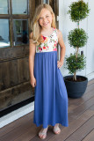 Blue Crewneck Sleeveless Floral Patchwork Kids Maxi Dress