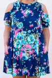 Blue Floral Plus Size Cold Shoulder Ruffle Pocket Mini Dress
