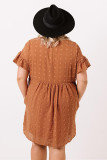 Orange Plus Size V Neck Ruffle Swiss Dot Mini Dress with Pocket