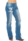 Cowboy Print Straight Wash Jeans Pants