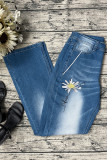 Dragonfly & Flower Print Straight Wash Jeans Pants