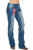 American Flag Print Straight Wash Jeans Pants