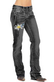 Dragonfly & Flower Print Straight Wash Jeans Pants