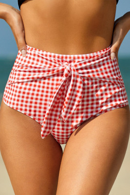 Red Plaid Print Front Tie High Waist Bikini Bottoms