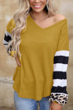 Yellow Leopard Striped Splicing V-Neck Long Sleeve Top