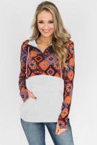 Orange Boho Print Color Block Patchwork Zip Collar Sweatshirt