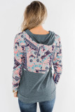Gray Boho Print Color Block Patchwork Zip Collar Sweatshirt
