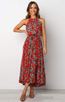 Red High Collar Sleeveless Floral Dress with Belt