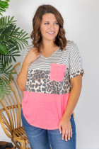 Pink Color Block Splicing Striped Leopard Plus Size Tee