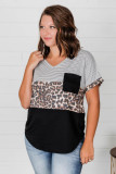 Black Color Block Splicing Striped Leopard Plus Size Teee