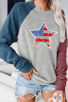 USA Flag Star Colorblock O-neck Long Sleeve Top UNISHE Wholesale