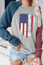 USA Flag Faith Print Colorblock O-neck Long Sleeve Top UNISHE Wholesale