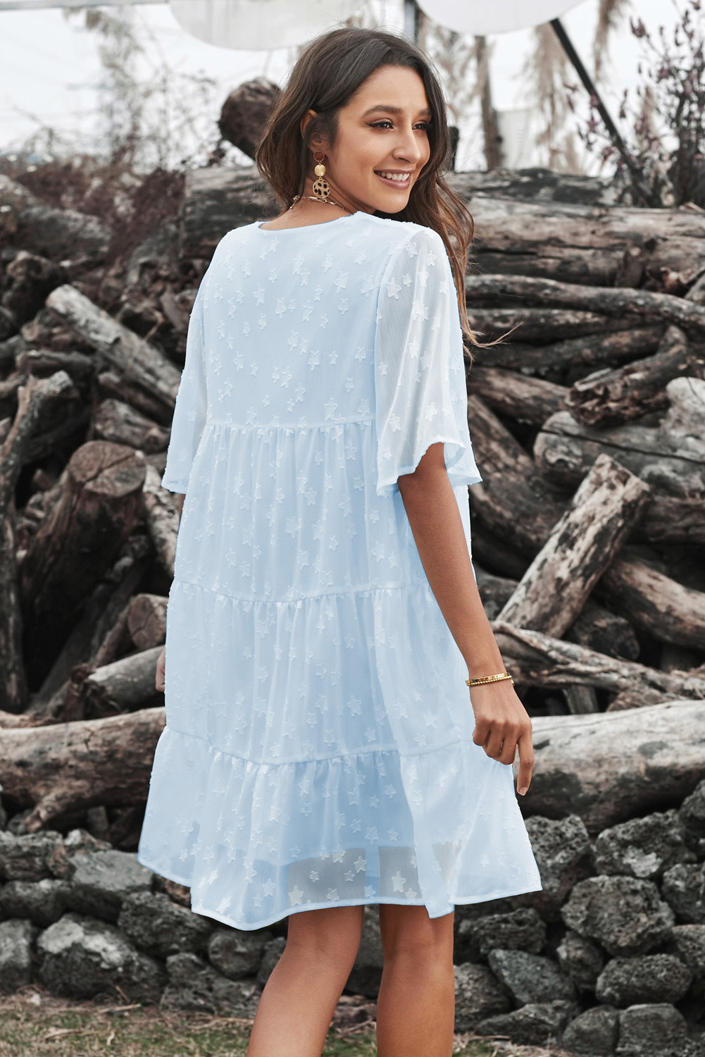 US 23.50 Sky Blue V Neck Tiered Babydoll Lace Dress