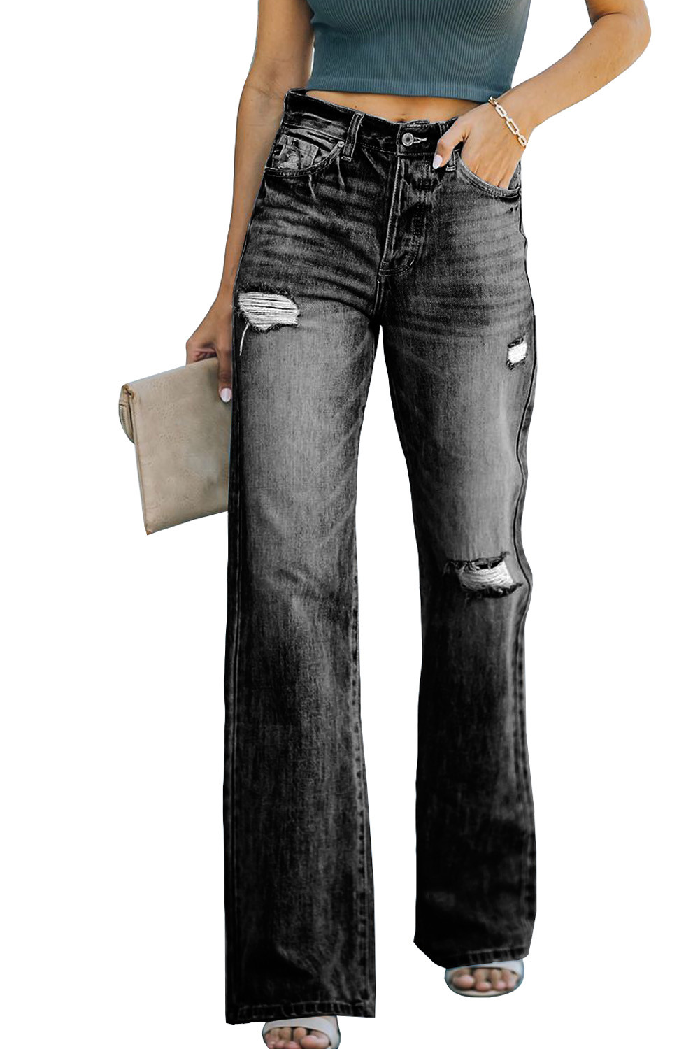 US$ 31.34 - Black High Rise Washed Distressed Flare Jeans - www.unishe.com