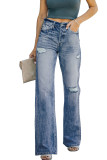 Blue High Rise Washed Distressed Flare Jeans
