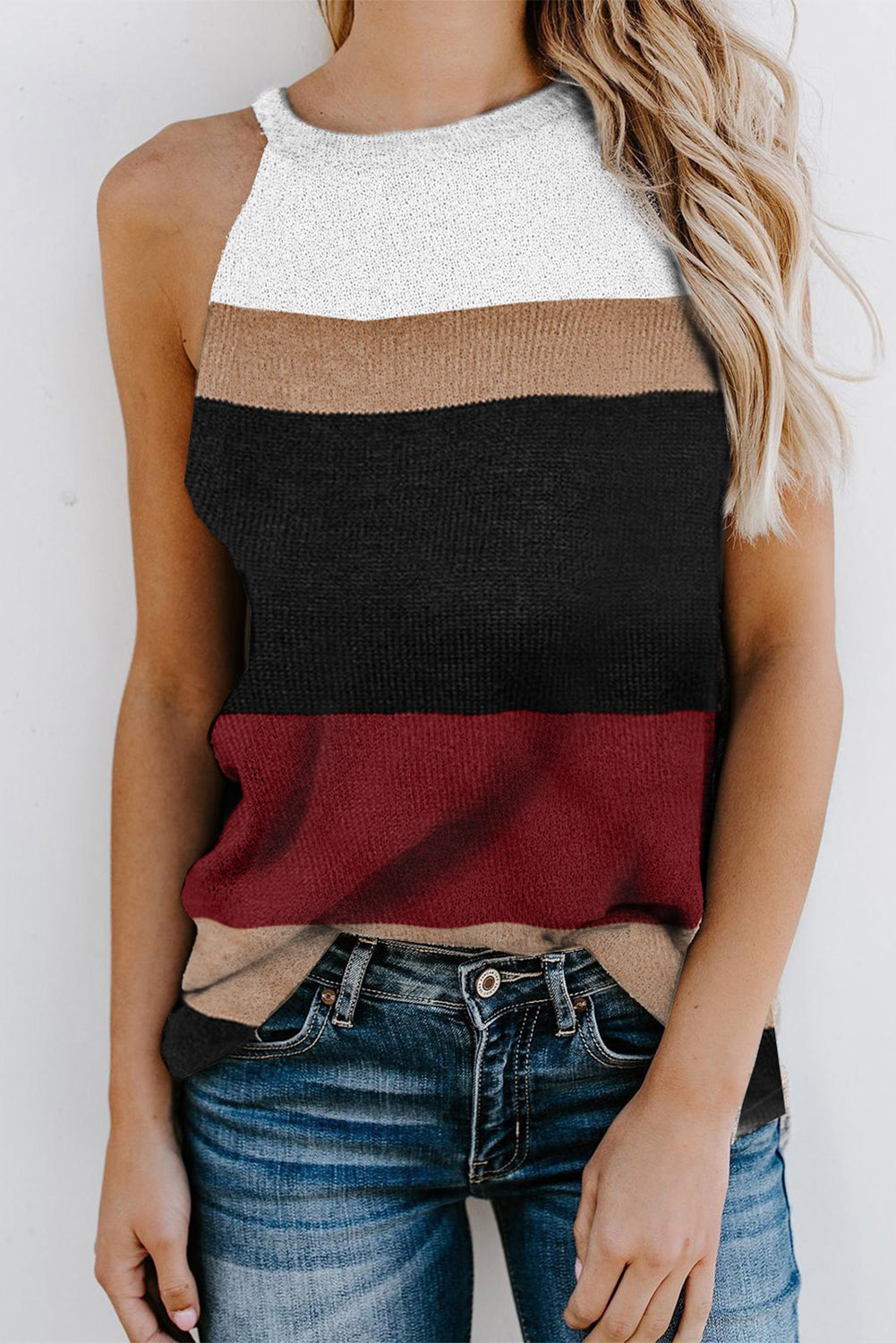 US$ 15.74 - Wine Red Color Block Knitted Tank Top - www.unishe.com