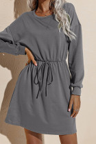 Solid Drawstring O-neck Long Sleeve Dress  Women UNISHE Wholesale