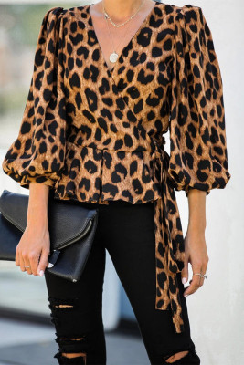 Leopard Ruffled Wrap V-Neck Blouse with Belt