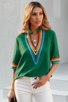 Green Ethnic Colorblock Short Sleeves Top