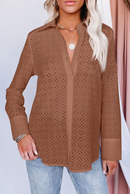 Brown Long Sleeve Eyelet Floral Pattern Hollow-out Shirt
