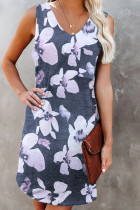 Gray Floral Print V Neck Sleeveless Mini Dress