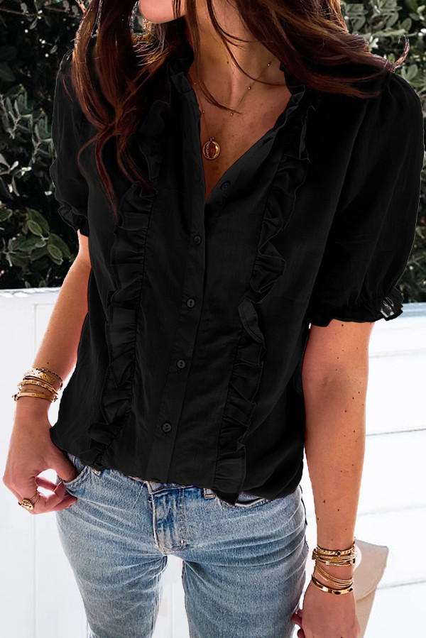 Black Ruffled Button Shirt