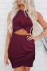Burgundy Crew Neck Sleeveless Twist Hollow-out Bodycon Mini Dress