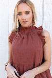 Brown Frilled Collar Sleeveless Knotted Tiered Flowy Tank