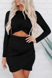 Black Long Sleeve Cut-out Twist Ruched Bodycon Mini Dress
