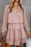 Pink Swiss Dot Bubble Sleeve Ruffle Mini Dress