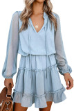 Sky Blue Swiss Dot Bubble Sleeve Ruffle Mini Dress