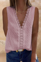 Pink Crochet V Neck Textured Tank Top