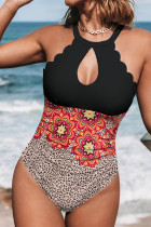 Halter Neck Scallop Trim Cutout Leopard Floral Color Block One-Piece Swimsuit