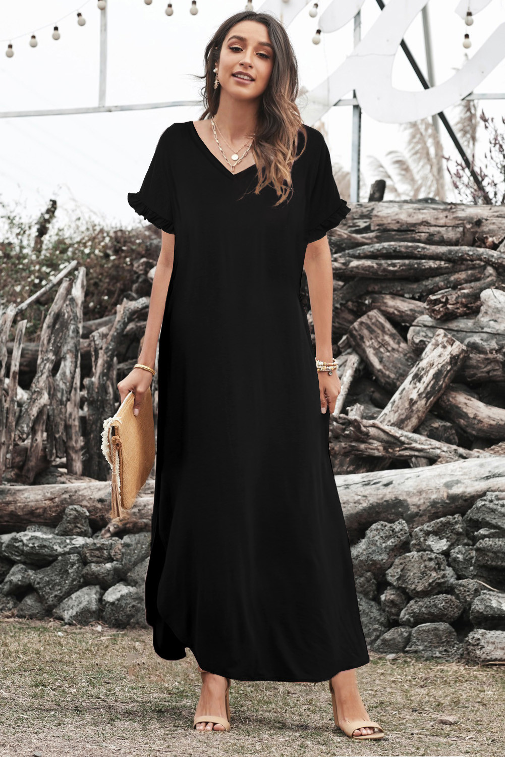 US$ 18.62 - Black Loose Fit Cotton Blend V Neck Maxi Dress with Slits ...