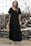 Black Loose Fit Cotton Blend V Neck Maxi Dress with Slits
