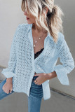 Sky Blue Long Sleeve Eyelet Floral Pattern Hollow-out Shirt