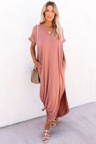 Pink Loose Fit Cotton Blend V Neck Maxi Dress with Slits