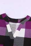 Purple Contrast Plaid V Neck Long Sleeve Top